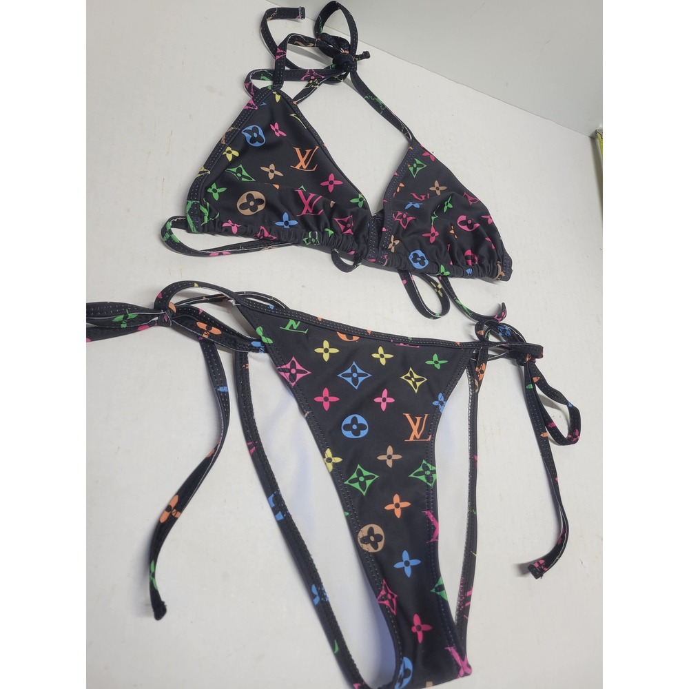 Louis Vuitton Multicolor Monogram Triangle Bikini Set Black RW201B Size M - Picture 11 of 11